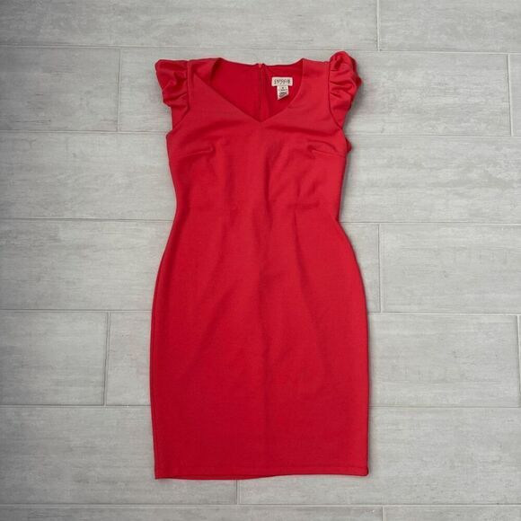 Enfocus Dresses & Skirts - Enfocus Sheath Dress Ruffle Pink Sleeveless Mini 8 V Neck Bold Zip Closure